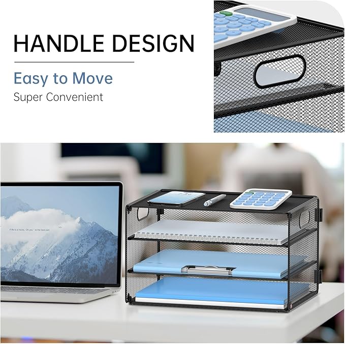 DALTACK 3 Tier Letter Tray Paper Organizer with Handle, Mesh Desk File Organizer, Paper Tray Desk Organizer for School Office Home, Metal Mesh, Black