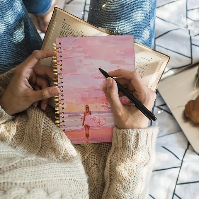 Wheatwin Pink Beachy Aesthetic Spiral Notebook Journal, Preppy Trendy Cute Notebook for Women, Preppy Notebooks for School 5.5x8.3