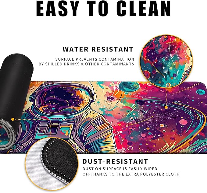 Desk Mat Colorful Space Desk Accessories Astronaut Extended Gaming Mouse Desk Pad Decorations for Office Keyboard Mousepad Mat31.5x11.8in, Stitched Edge Non-Slip Bottom Large Mouse Pad