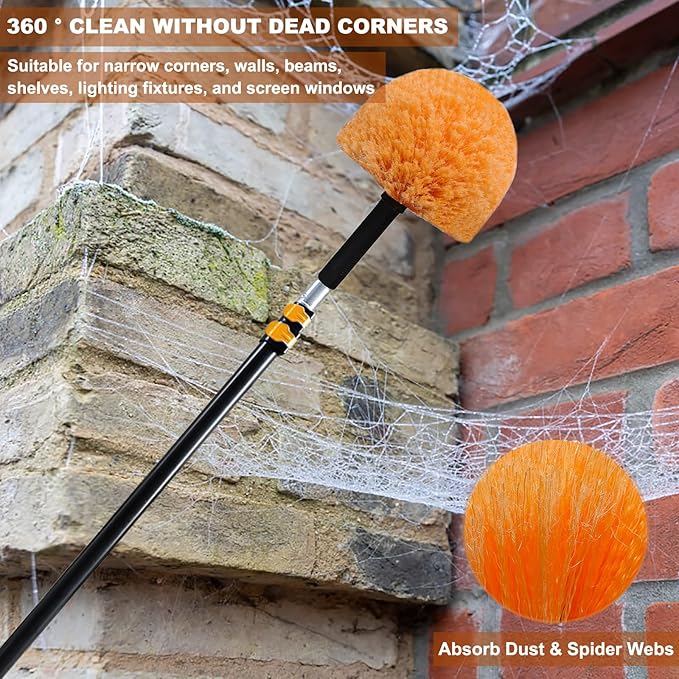 4 Pack OrangeTwist-On Cobweb Duster Head Brush // Spider Web Brush for Outdoor & Indoor Web Cleaning // Fits Standard Acme Threaded Poles // Brush Head Only