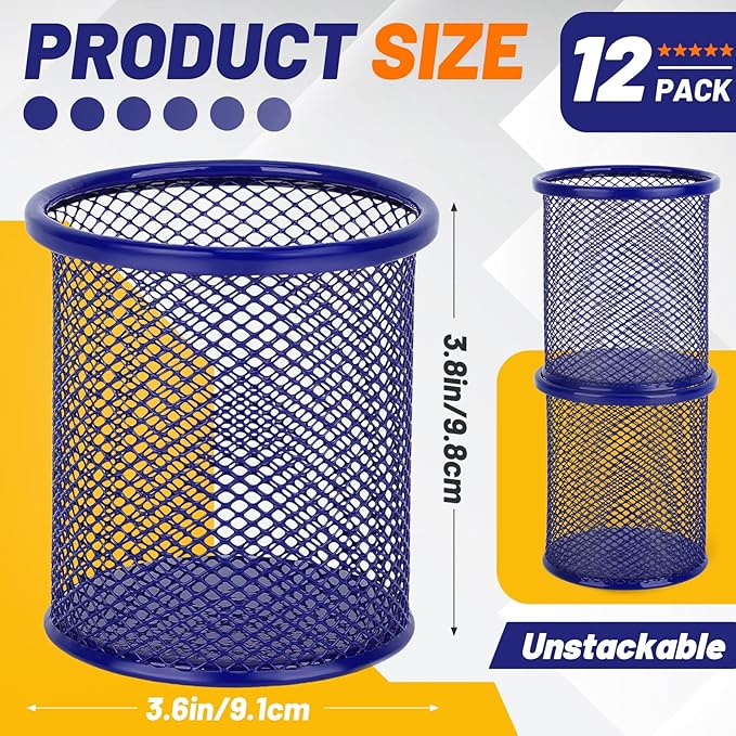 Segarty Pen Cup Holder for Desk, 12 Pack Round Dark Blue Pen Holder, Wire Mesh Pencil Cups Organizer Set for Office Supplies, School Classroom, Desktop Accessories, Makeup Brush