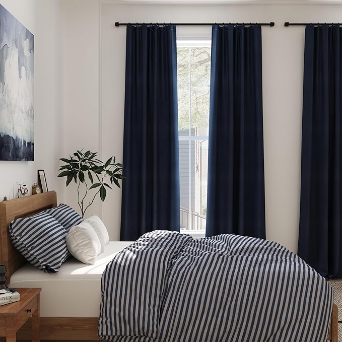 100% Blackout Linen Curtains 105 Inches Long 2 Panels for Bedroom Back Tab Pinch Pleated Black Out Curtains Modern Noise Cancelling Total Light Blocking Window Curtain 105 Inch Length Navy Blue