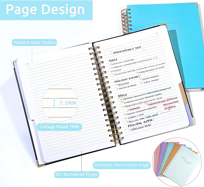 Hardcover Spiral Notebook with Tabs 8"x10" Large Spiral Lined Journals for Women with Dividers 240 Pages College Ruled Composition Notebook 5 Subject Notebook for Work, Back to School, Gifts, Blue