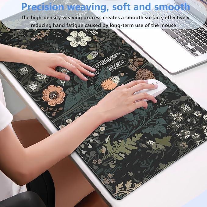 Dark Floral Desk Pad Mat, Extended XL Large Gaming Mousepad with Stitched Edges, Non-Slip Computer Mat Pad for Desk, Keyboard and Mouse mat 31.5 x 15.7 in