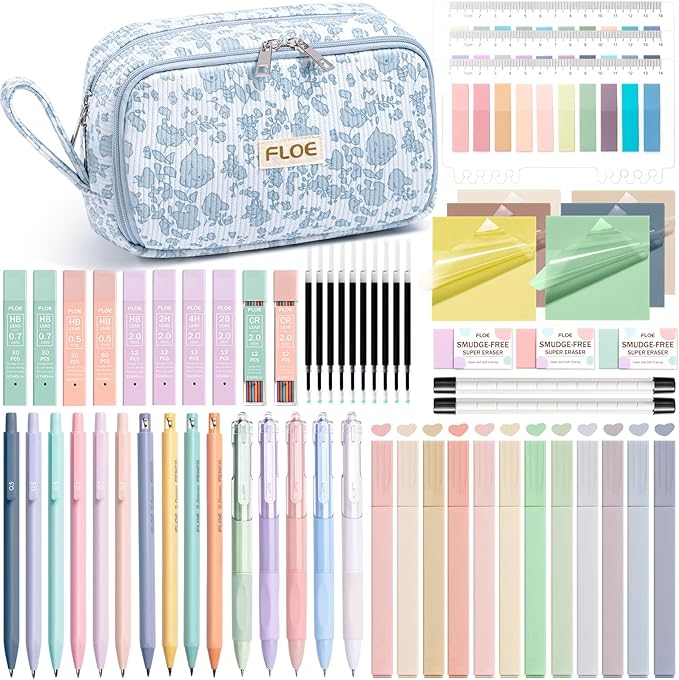 62PCS Aesthetic School Supplies, Cute Back to School Supplies College Essentials Preppy Stationary Set with Large Pencil Pouch Case, Pastel Highlighters Gel Pens Mechanical Pencils for Student Girls