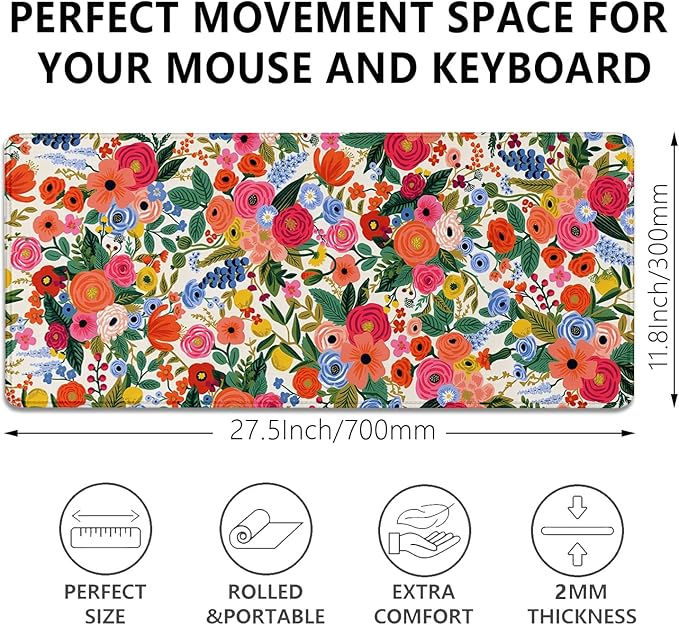 Garden Party Extended Desk Pad Flowers Mouse Pad,Gaming Desk Pad with Stitched Edges Non-Slip Rubber Base Extended XL Mousepad Big Desk Mat for Office Home Work(27.5X11.8 Inch)