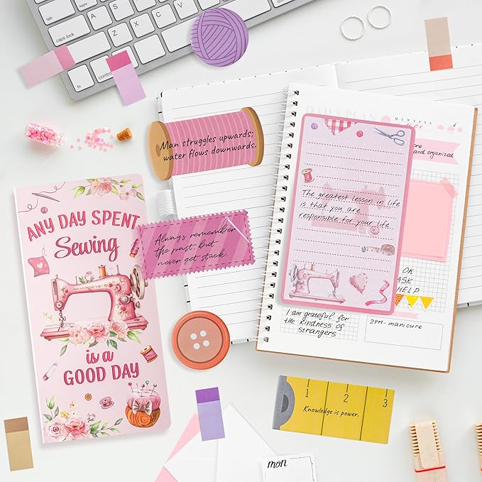 Xqumoi Retro Sewing Sticky Notes Set - Any Day Spent Sewing is A Good Day Self-Stick Note Pads Teacher Appreciation Notepads Writing Memo Pad Page Marker Back to School Office Supplies (Pink)