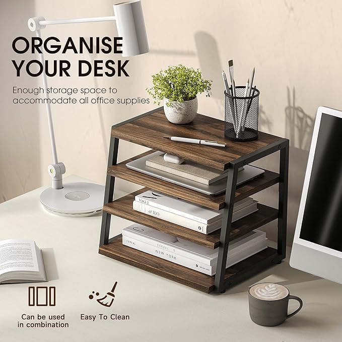 Fenge Desk Shelf Organizer, 4 Tier Desktop Shelf, Wood and Metal Office Shelves, Corner File Organizer for Office Supplies, Top of Desk Organizers and Accessories
