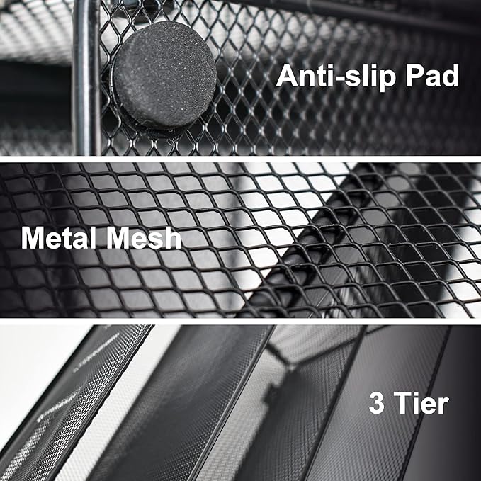 VANRA 3 Tier Letter Tray Paper Organizer Metal Mesh Desktop Document File Organizer with Sliding Tray for Office and Study