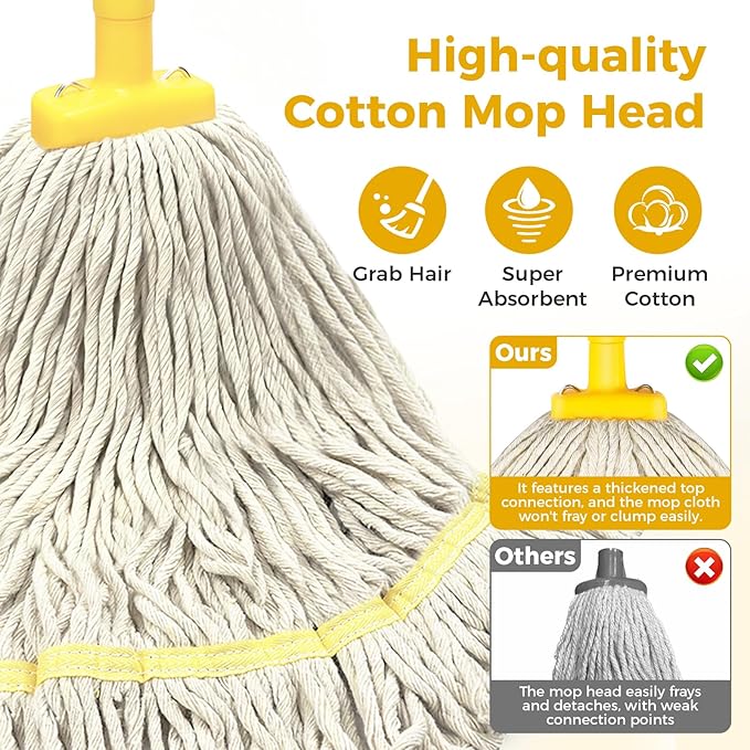 String Wet Mop for Floor Cleaning,Industrial Cotton Mop with Long Handle, Regular Mops for House Kitchen Bathroom Garage Office Hardwood Concrete Tile Floors,Yellow