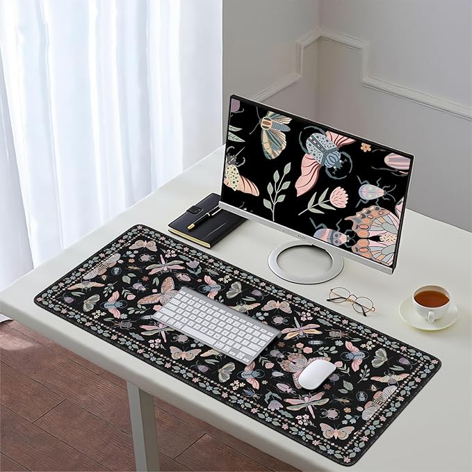 HAOCOO Desk Mouse Pad Cute, Big Mouse Mat for Gaming, Large Mousepad for Desk, Desk Mat for Keyboard and Mouse, Waterproof Desktop pad with Rubber Base, Butterfly Mouse Pad 35.4" X15.7"(Black)