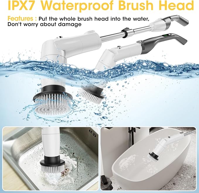 Electric Spin Scrubber, Full-Body IPX7 Waterproof Bathroom Scrubber with 550RPM High Power, Adjustable Extension Handle, Cordless Electric Cleaning Brush for Bathroom, Kitchen Cleaning