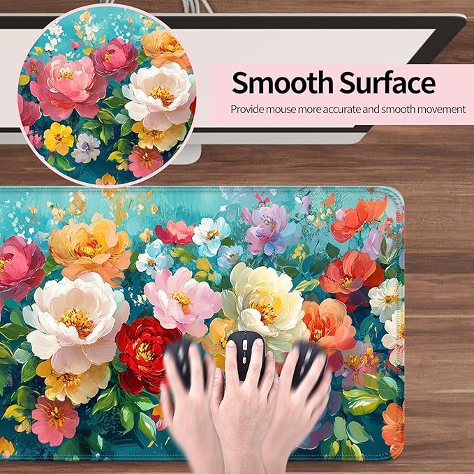 Colorful Flower Peony Gaming Desk Mat, Computer Keyboard Large Extended Long Floral Mouse Pad for Office and Home, XL (W28)