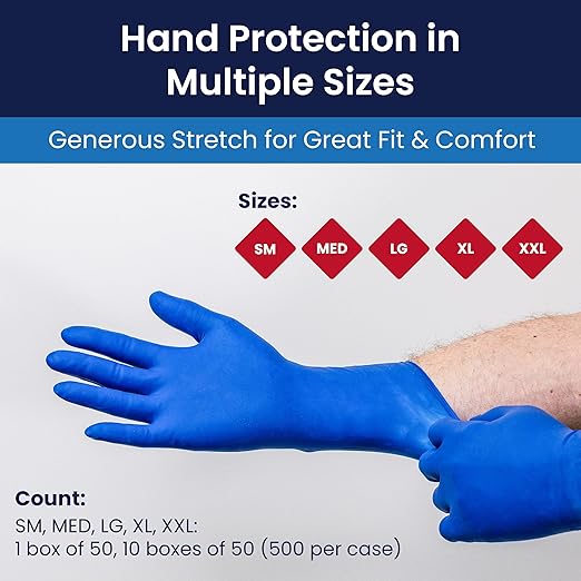 Adenna HERO Disposable Latex Gloves - 14 Mil, NFPA-Approved Heavy Duty Glove with 12" Extended Cuff & Micro-Textured Grip, Exam Grade, Powder Free, Case of 500, Large, Blue