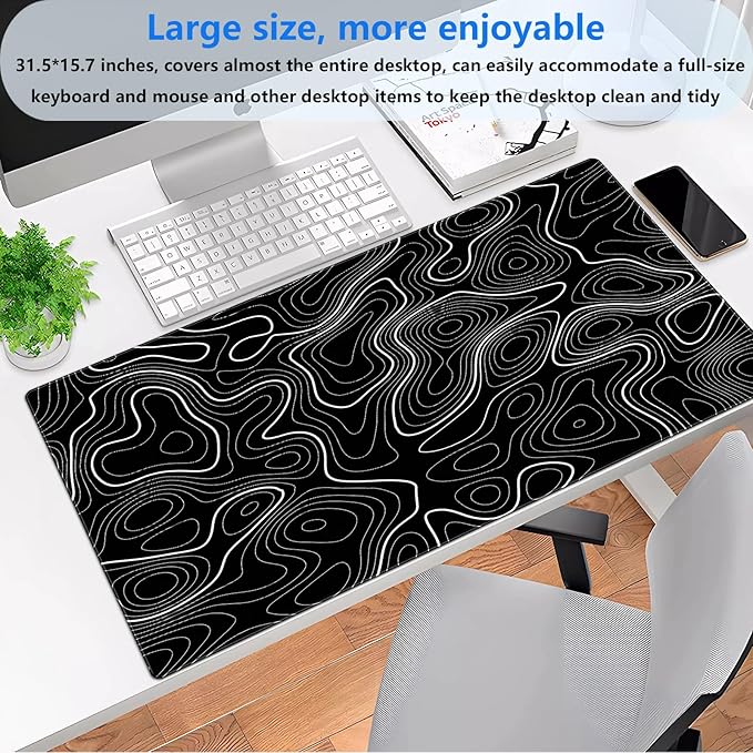Black Topographic Map Desk Mat - Large Extended XL Gaming Mouse Pad with Stitched Edges, Full Desk Keyboard Mat for Laptop Computer, Abstract Art Desk Decor (31.5"x15.7")
