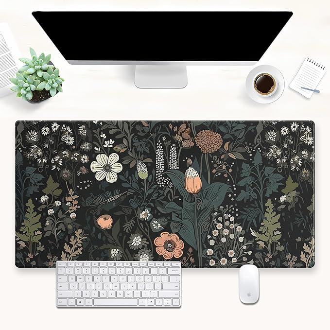 Dark Floral Desk Pad Mat, Extended XL Large Gaming Mousepad with Stitched Edges, Non-Slip Computer Mat Pad for Desk, Keyboard and Mouse mat 31.5 x 15.7 in