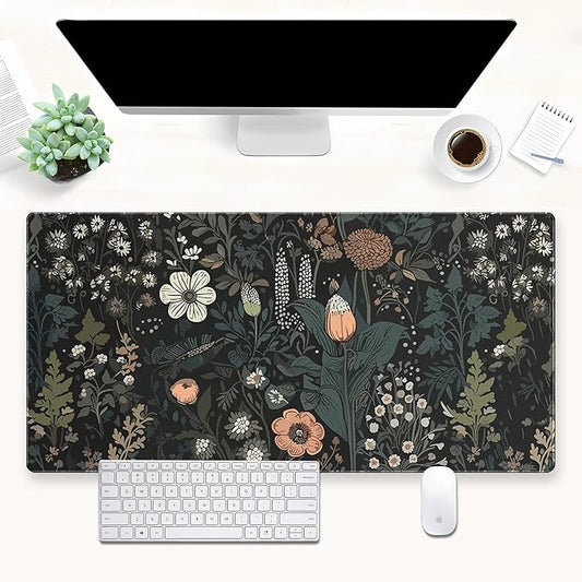 Dark Floral Desk Pad Mat, Extended XL Large Gaming Mousepad with Stitched Edges, Non-Slip Computer Mat Pad for Desk, Keyboard and Mouse mat 31.5 x 15.7 in