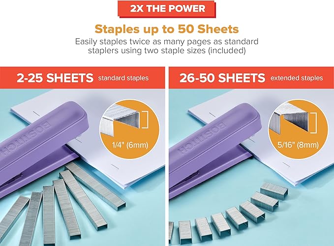 Bostitch Titan Heavy Duty Metal Stapler, 50 Sheet Capacity with 1250 Staples and Ergonomic Staple Remover, Jam Free Stapling, Full Strip Stapler for Desk, Office and Classroom, Purple