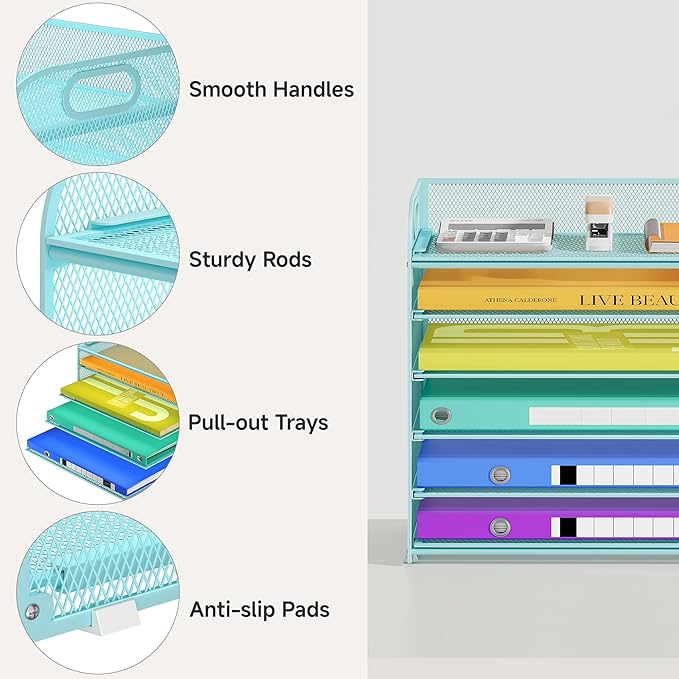 6 Tier Paper Organizer with Handle, Metal Desk Organizer Mesh Paper Letter Tray Desktop File Folder Document Sorter for Classroom, School, Office Accessories Organization and Storage - Blue