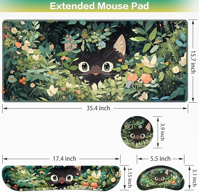 Mouse Pad Anime, Mouse Pad with Wrist Rest, 4-in-1 XXL Large Desk Mat +Mousepad with Gel Wrist Support+Keyboard Wrist Rest+Coaster, Ergonomic Gaming Cat Desk Pad, Funny Cute Office Desk Accessories
