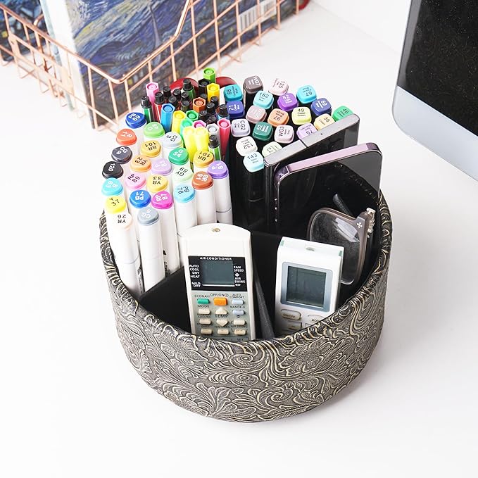 lizimandu Remote Control Holder, 360°Spinning PU Leather Desk TV Remote Caddy,Desk Storage Box Room Accessories for Controller, Media,Mail,Calculator, Mobile Phone,Pencil(1B-Carved Cooper Gold)