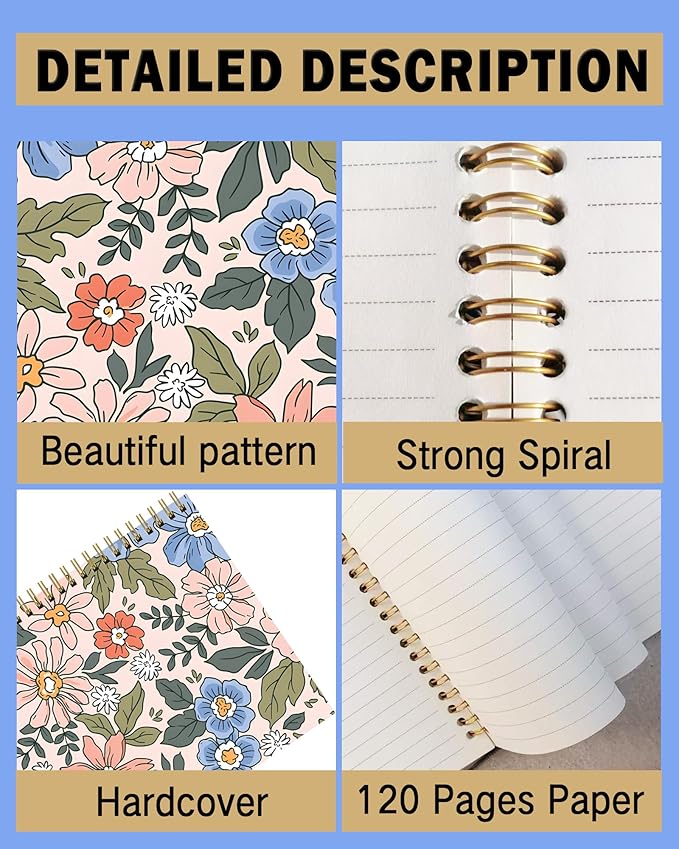Spiral Notebook A5, Hardcover Journal for Women, 120 Pages Thick College Ruled Paper, Perfect for Office, School, or Home Use(Elegant Floral)