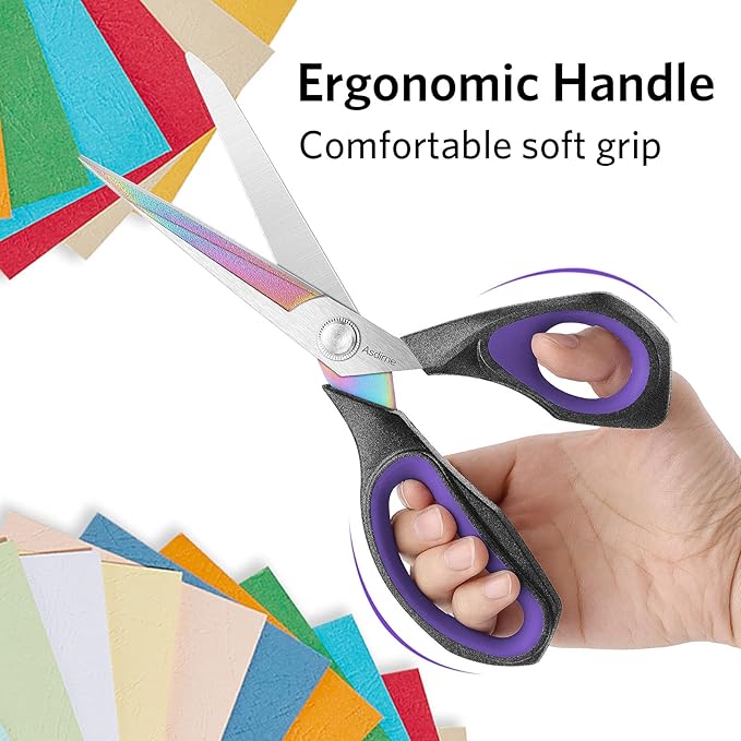 Professional Fabric Scissors, Heavy Duty Titanium Coating Sewing Scissors, Ultra-Sharp Blade Fabric Shear, Ergonomic Rubber Handle, Great for Craft, Sewing, Leather Tailor, 9.4”, Black/Purple