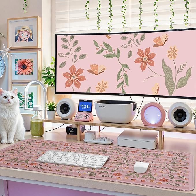 iCasso Floral Desk Matt for Desktop,Cute Desk Pad for Keyboard and Mouse with Stitched Edges,XXL Extended Large Computer Mat 35.4 x 15.7 inch,Non-Slip Gaming Mousepad for Women,Office,Home(Pink)