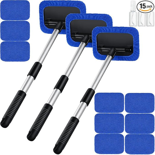 Frienda 3 Set Windshield Cleaner Tool Inside Car Window Cleaner Tool with 3 Extendable Handle 9 Reusable Microfiber Pads and 3 Spray Bottles for Auto Home Interior Exterior Glass Cleaning(Blue)