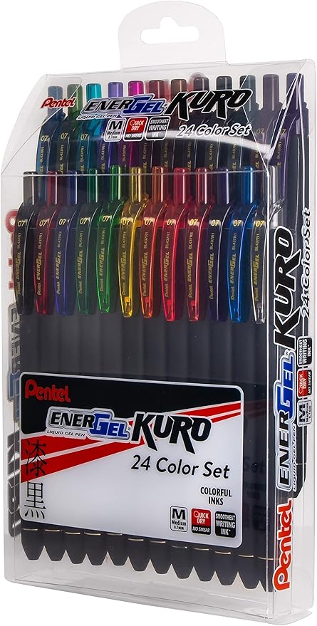 EnerGel Kuro Liquid Gel Pen, (0.7mm) Medium line, Assorted Ink, 24-pk