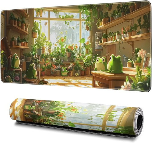 Cute Frogs Green Mouse Pad Abstract Green Mouse Pad 31.5x11.8 Inch Frog Texture Non-Slip Rubber Base Large Mousepad Stitched Edges Keyboard Mouse Mat Desk Pad for Office and Home