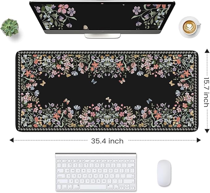 HAOCOO Floral Desk Pad for Keyboard and Mouse, Black Mouse Pad with Non-Slip Rubber Base, XXL Keyboard Mat with Edge Stitching, Soft Computer Mat, Gaming, Office Aesthetics