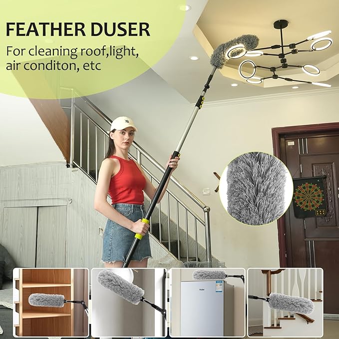 【Upgrade Anti Rotation 】 24ft High Reach Duster Kit,5-18ft Lightweight Aluminum Alloy Extension Rod,7-Piece Set,210° Steering Head Clean Various Angle,for Cleaning Ceiling,High Wall