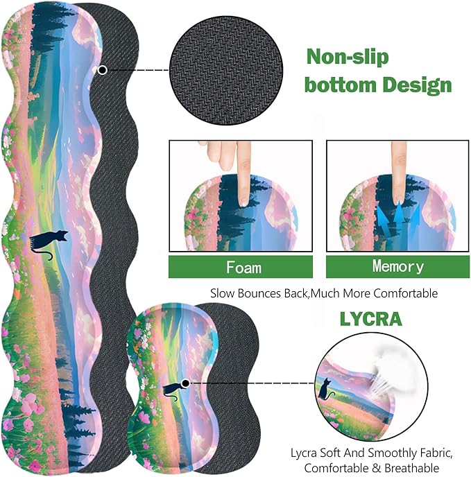 ARTSO Keyboard Wrist Rest Large Mouse Pad Wrist Support, 4 in 1 Memory Foam Keyboard Pad Desk Mat Set, Ergonomic Wrist Rest Cushion for Home Office Gaming-Cat and Flower Sea