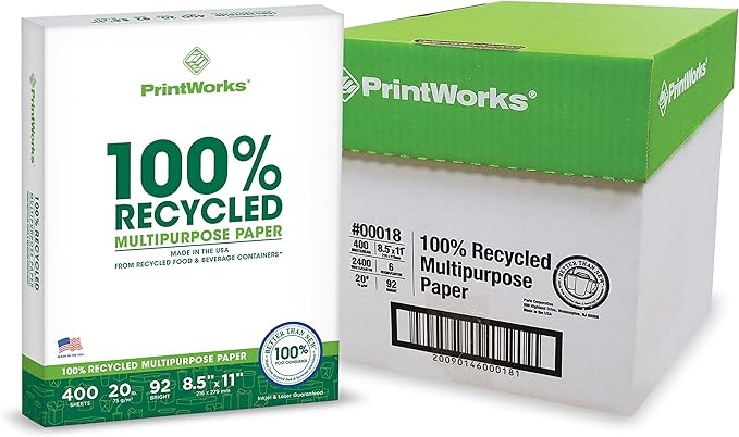 PrintWorks 100% Recycled Printer Paper 8.5" x 11" White - 20 lb Copy & Multipurpose Computer Paper - 6 Packs, 2400 Sheets - Made in the USA - 92 Bright - Printer & Copier Compatible (00018C)