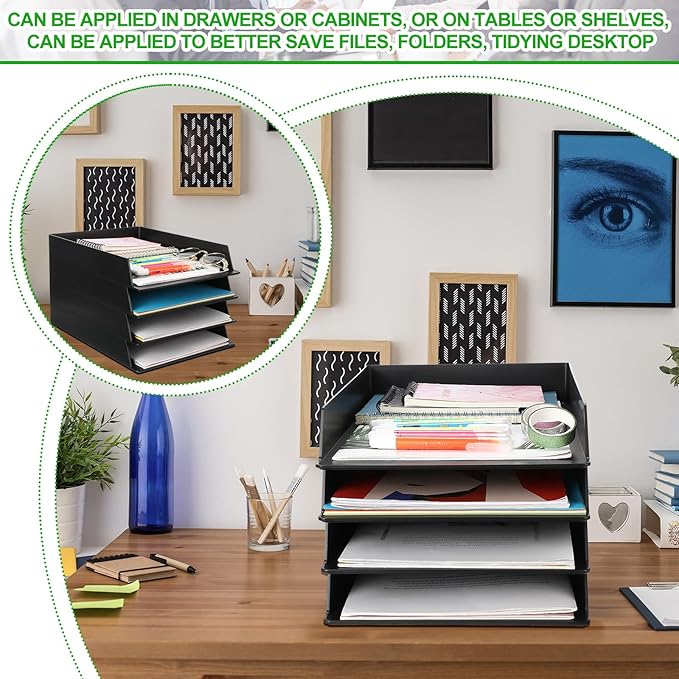 Wenqik 6 Pcs Stackable Paper Trays Rectangular Plastic Desk Holder Desktop Document File Organizer Storage Letter for Office Classroom (Black)