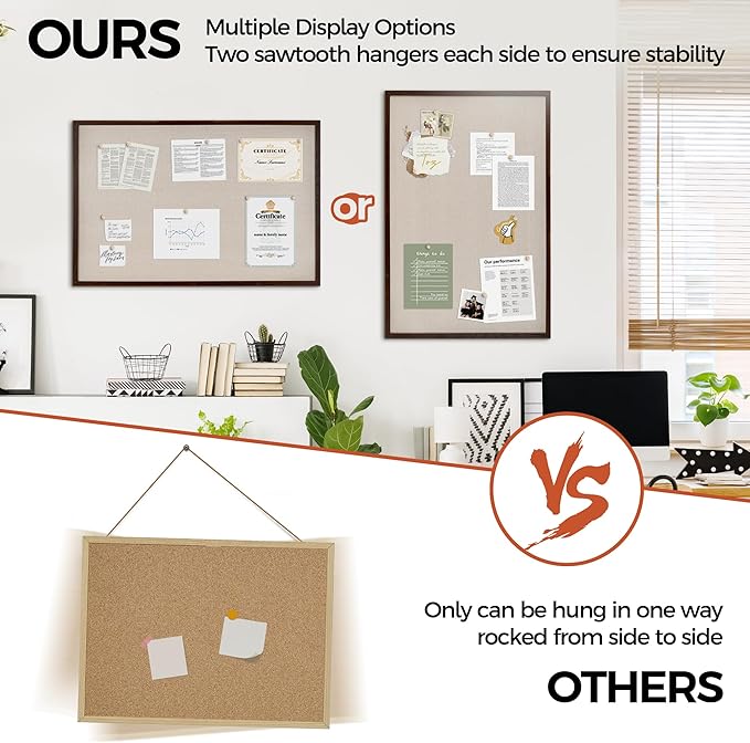 Fun Memories Cork Board Bulletin Board for Office, 24" x 36" Oak Wooden Framed Corkboard, Wall Mounted Notice Pin Board for School Home & Office, Dark Walnut