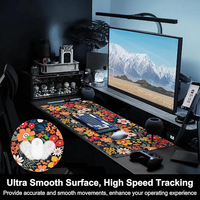 Mouse Pad, Large Colorful Flowers and Plants Desk Mat, Extended Non-Slip Gaming Keyboard Mousepad Desk Pad, Thick Stitched Edges Waterproof Mouse Mat 31.5"x15.7" (Bright Abstract Floral)