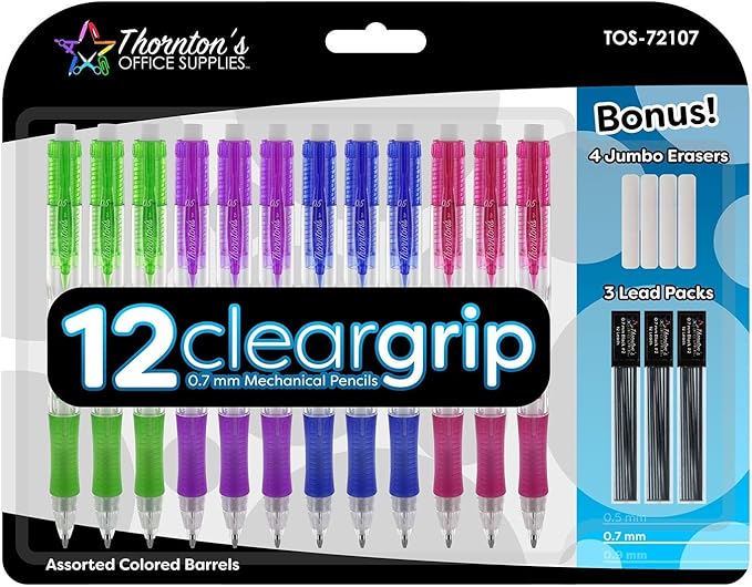 Thornton's Office Supplies ClearGrip Mechanical Pencil Starter Set 0.7mm Assorted Colors Pack of 12 Automatic Drafting Lead Pencil for Fine Drawing & Handwriting