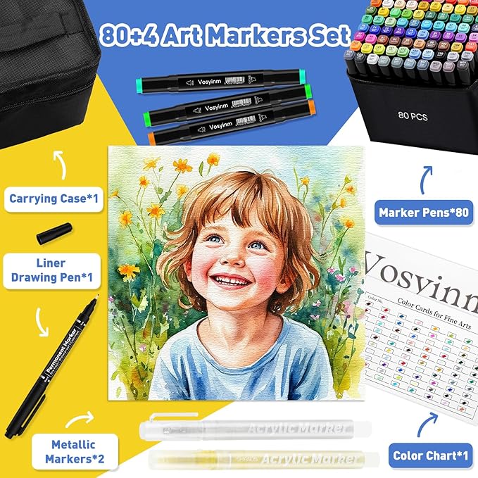 Alcohol Markers Dual Tip - 80+4 Colors Drawing Marker Alcohol Based Markers Set for Adult Kids Coloring Book Art Marker Pens with Carrying Case