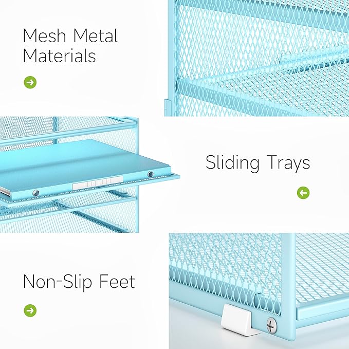 Lavatino 3-Tier Letter Tray Desk Paper Organizer – Blue Mesh Metal File Tray Organizer for Desk, Office Supplies & Home Organization | Fits A4/Letter Paper, Mail, Magazines and Office Accessories