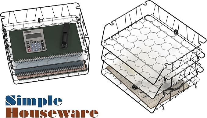 SimpleHouseware Stackable Wide Entry Desk File Document Letter Tray with Liner, Wire Grid, 3 Packs, Black