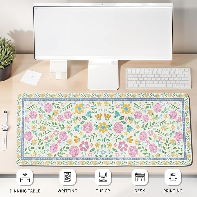 Flower Gaming Mouse Pad Large, Computer Mousepad Desk Mat PinkFloral, Birthday Gifts for Women Men Mushroom Lovers, Non-Slip Large Desk Decor Accessories for Keyboard and Mouse 11.8”x 31.4” XL