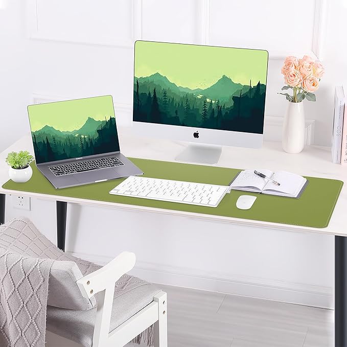 Leather Desk pad Protector, Large Desk mat with Natural Cork & PU Leather,Mouse pad,Non-Slip Office Desk Mat,Waterproof Desk Writing Pad for Office and Home (47in*17in, Olive Green)