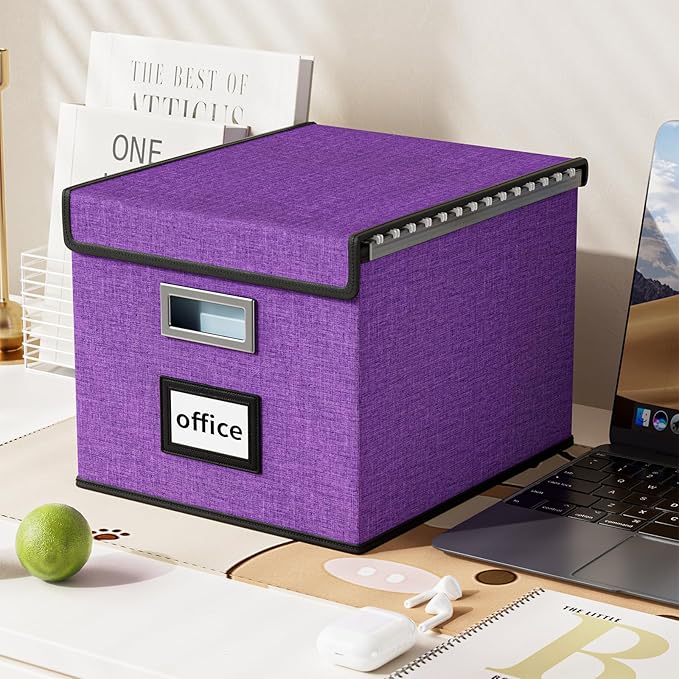 Huolewa File Organizer Box with Lid, Collapsible File Folder Organizer for Office Document Storage, Filing Box with Plastic Slide for Letter/Legal Size Hanging Files, Purple