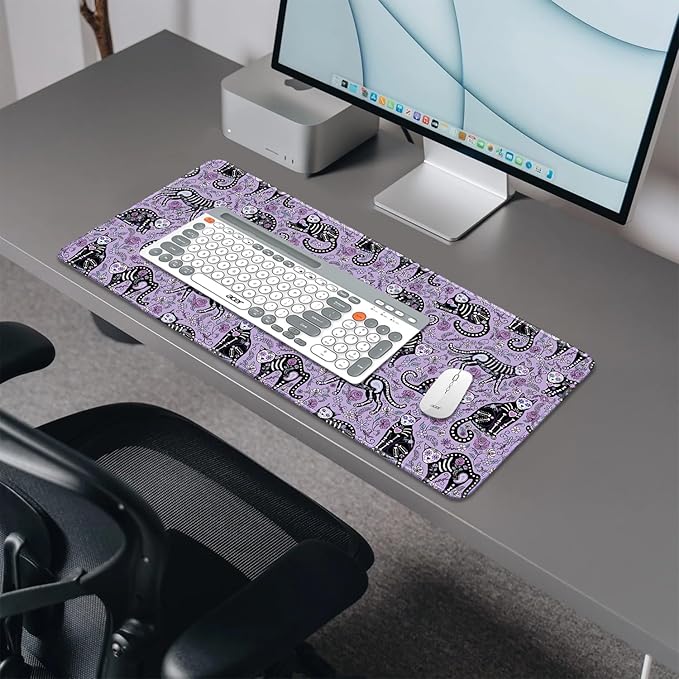 Gothic Cat Skeleton Flowers Mouse Pad,Extended Cat and Floral Mousepad Desk Pad with Stitched Edges,Non-Slip Waterproof Rubber Base Mouse Mat for Office Computer Keyboard Laptop Home(27.5x11.8 in)