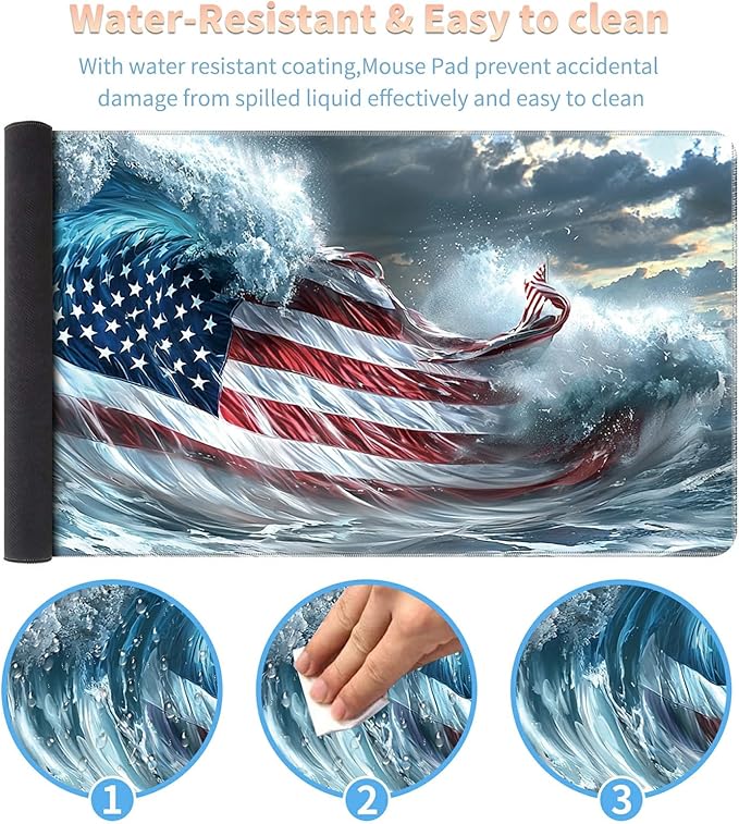 Desk Mat Large Gaming Mouse Pad (31.5x11.8 inch) with Stitched Edges, XL Mouse Pad +Coaster, Extended Mouse Mat Keybroad Mousepad Non-Slip Rubber for Gamer Men Women, Wave American Flag