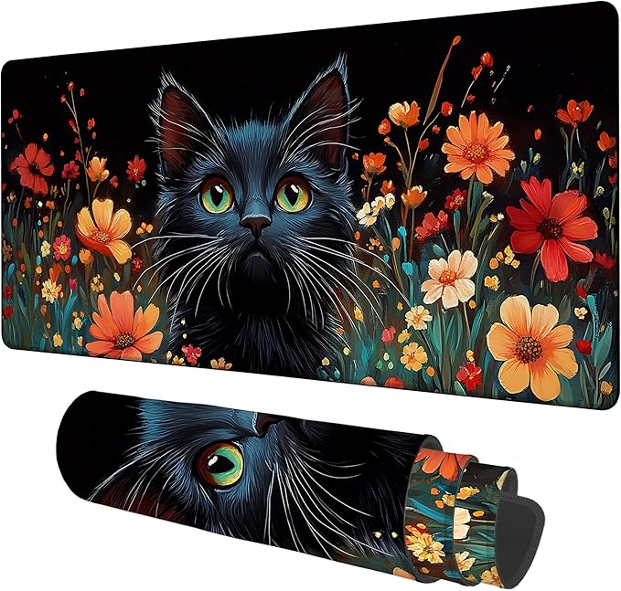 Black Cat and Flowers Gaming Mouse Pad 3mm Thick Stitched Edge Waterproof Non-Slip Large Computer Keyboard Mouse Mat,Suitable for Office Entertainment Decorative Desk Pad 35.4 x 15.7 Inches