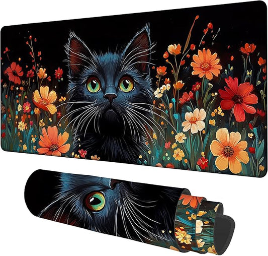 Black Cat and Flowers Gaming Mouse Pad 3mm Thick Stitched Edge Waterproof Non-Slip Large Computer Keyboard Mouse Mat,Suitable for Office Entertainment Decorative Desk Pad 35.4 x 15.7 Inches