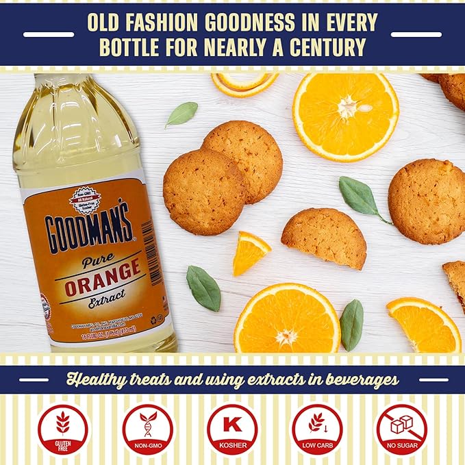 Goodman's Pure Orange Extract - Gluten-Free, Non-GMO, Kosher, Natural, Low Carb & Low Calorie, No Artificial Color, No Animal Products, No Sugar - Zesty Fresh Flavor for Baking & Cooking - 1 Pint